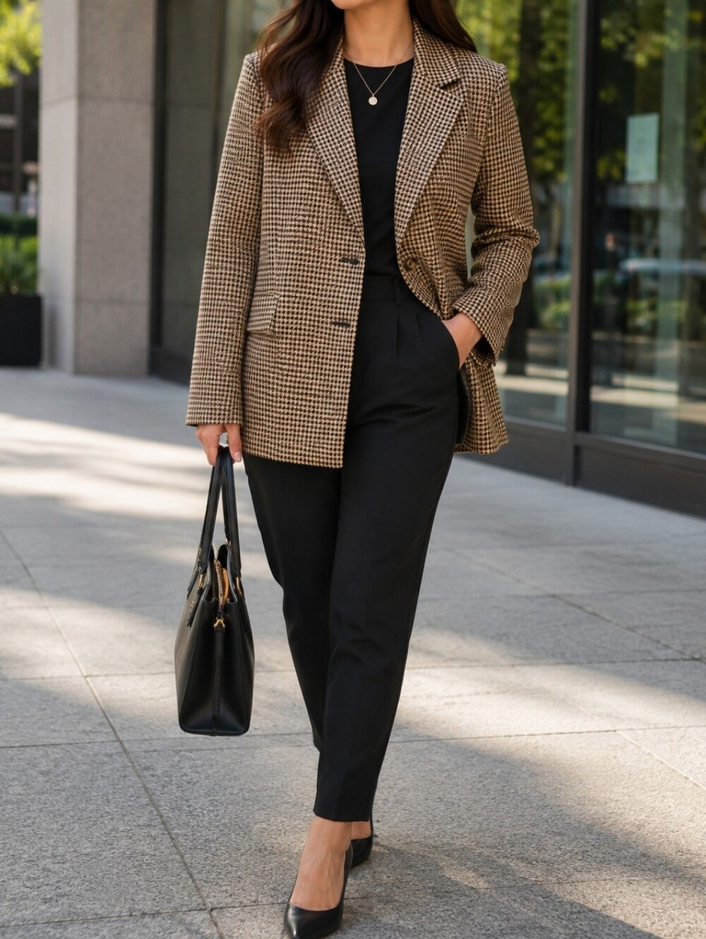 NWT ICHI Black Cream Houndstooth Single-Breasted Blazer Tailored Career Office